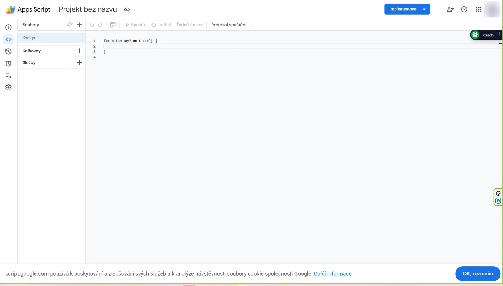 Nový prázdný projekt Apps Script s jedním souborem Kód.gs