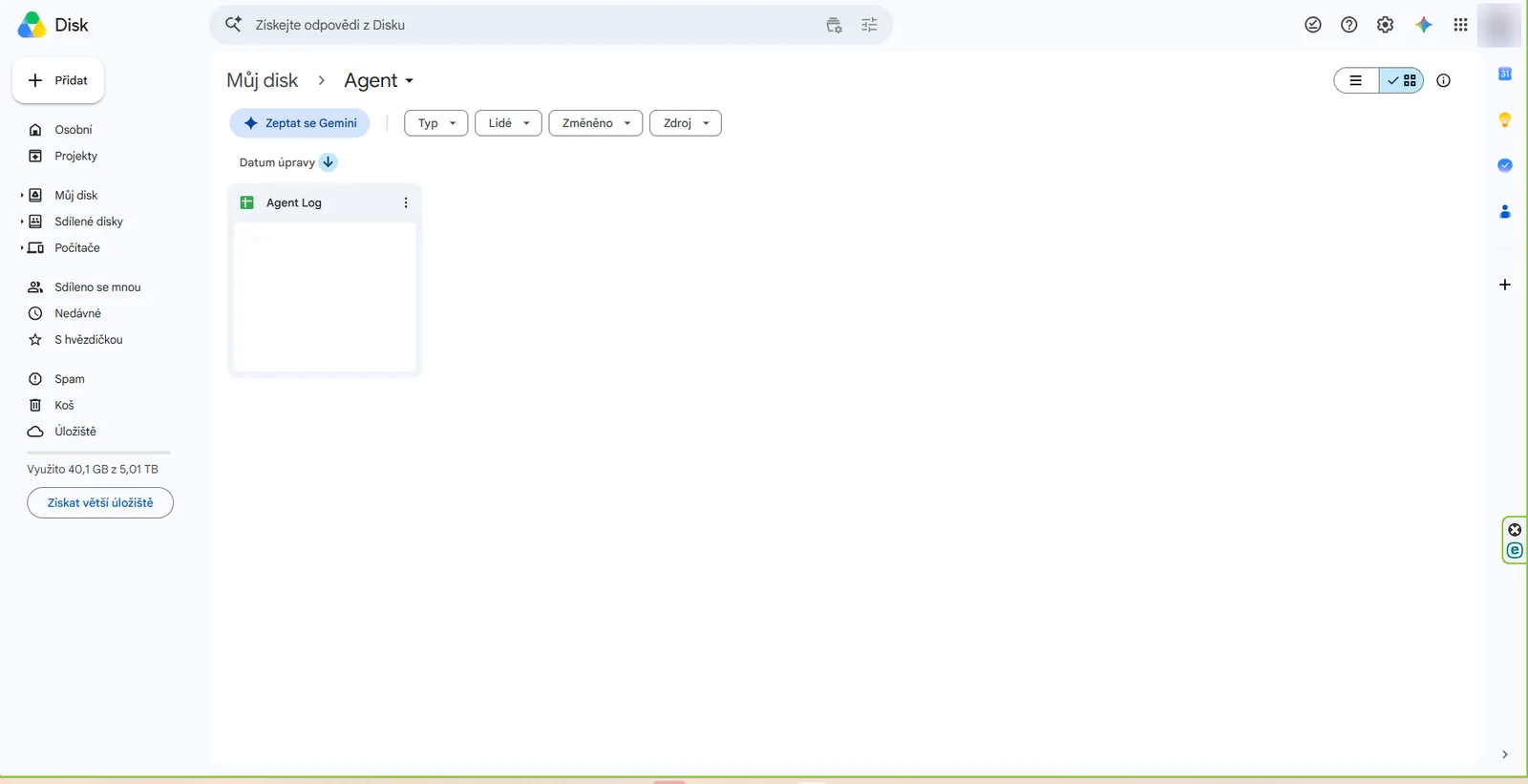 Složka Agent na Disku Google s tabulkou Agent Log