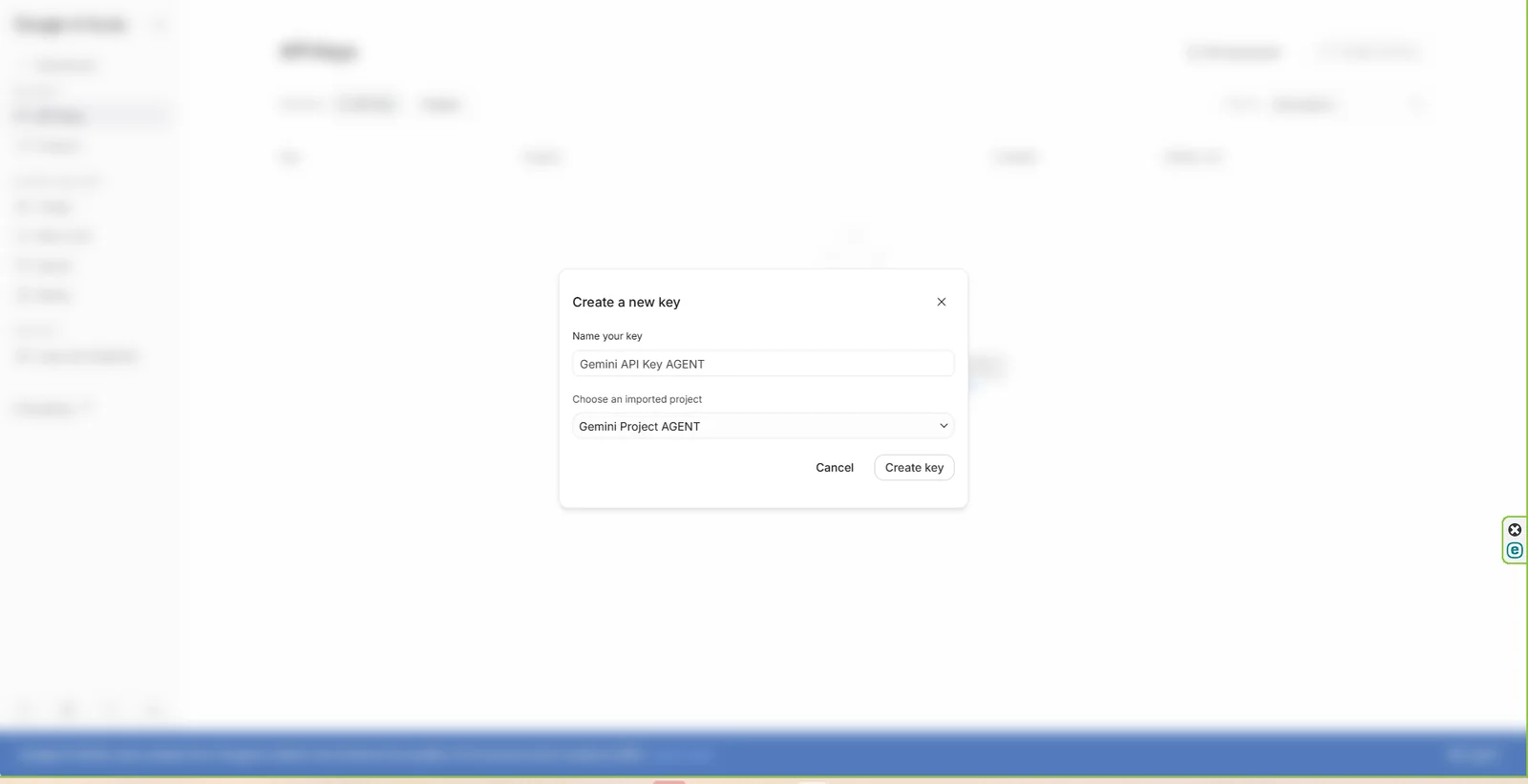 Dialog Create a new key v Google AI Studio s názvem klíče a projektu