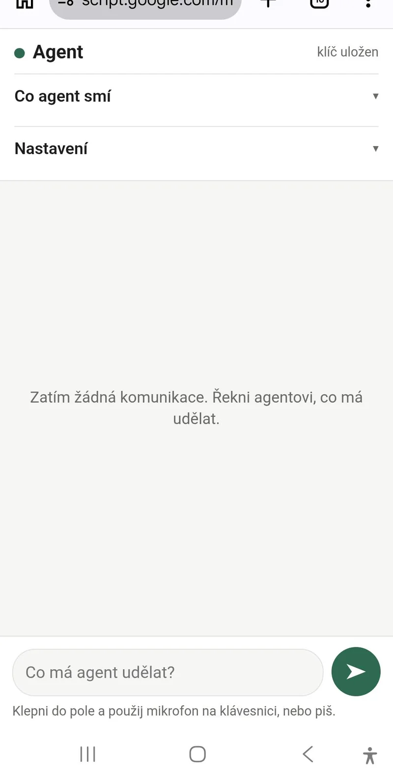 Stránka agenta v telefonu po prvním otevření