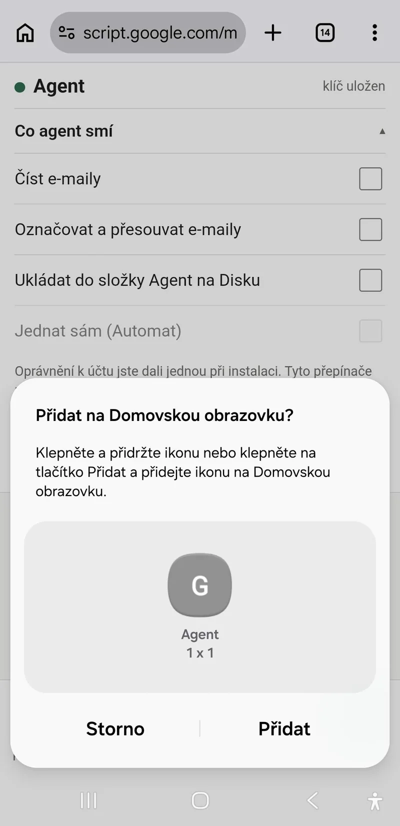 Dialog Přidat na Domovskou obrazovku s ikonou Agent