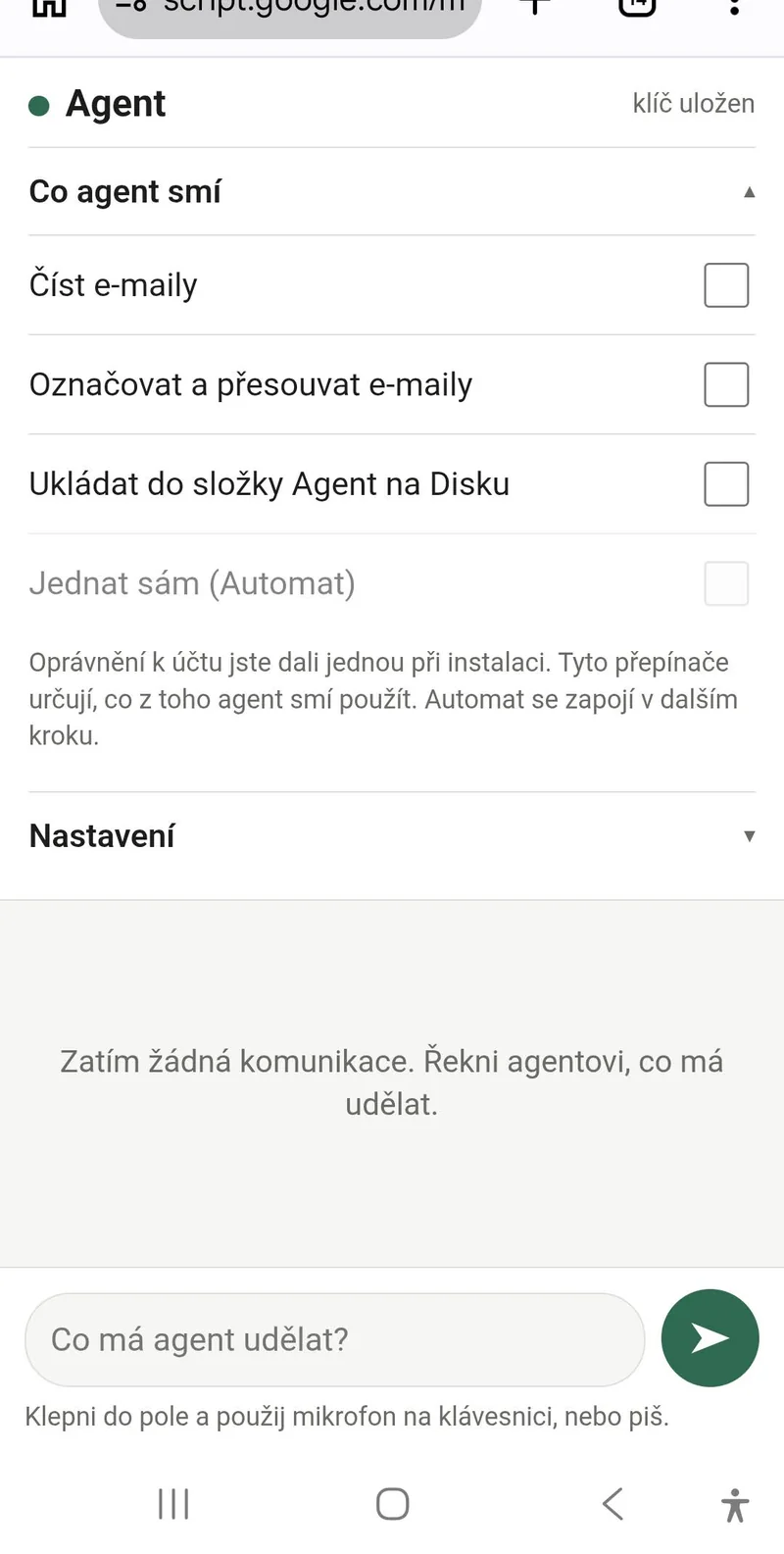 Telefon: rozbalená sekce Co agent smí