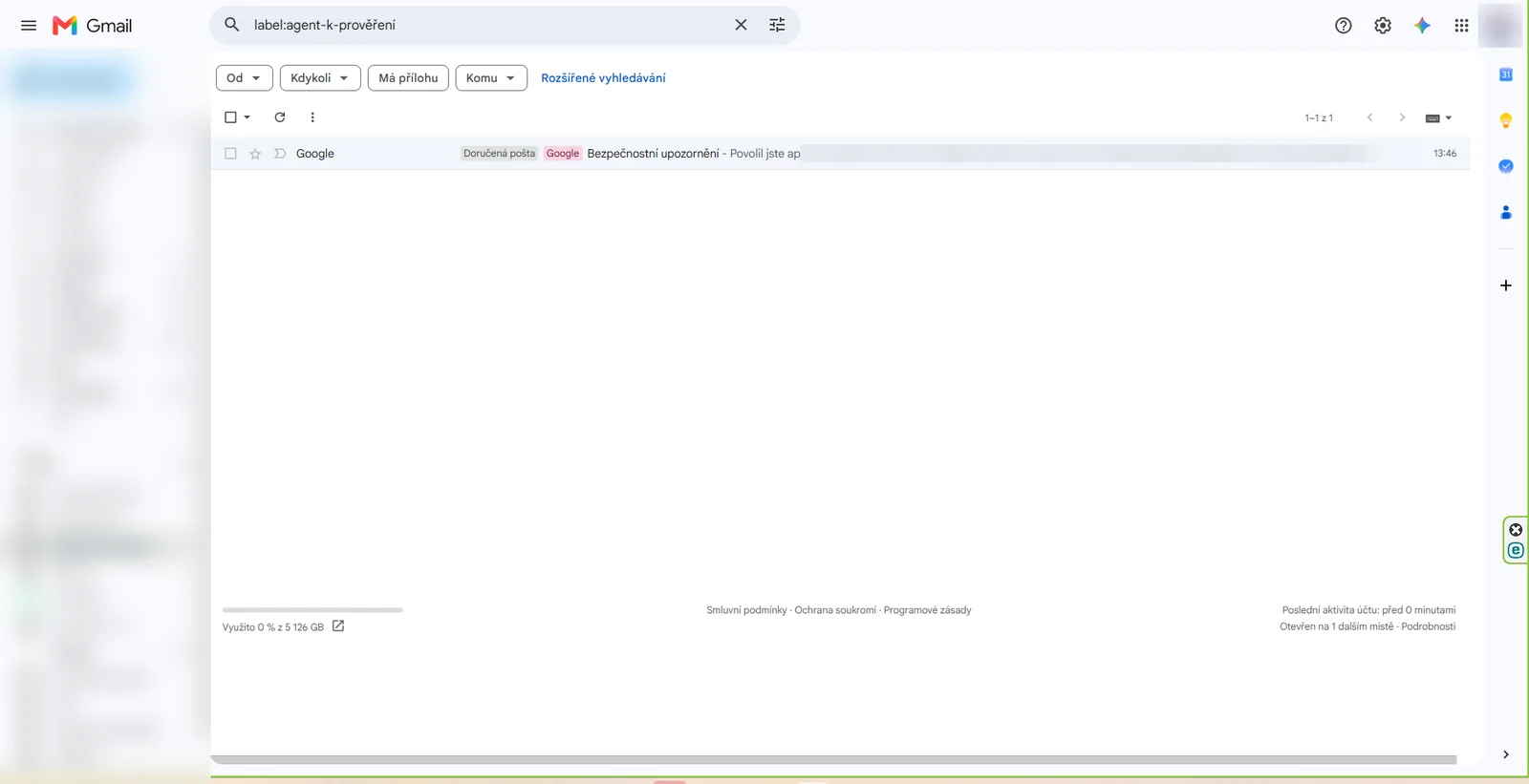 Gmail: štítek Agent/K prověření s jedním vláknem