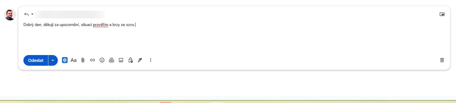 Gmail: koncept odpovědi připravený agentem, neodeslaný