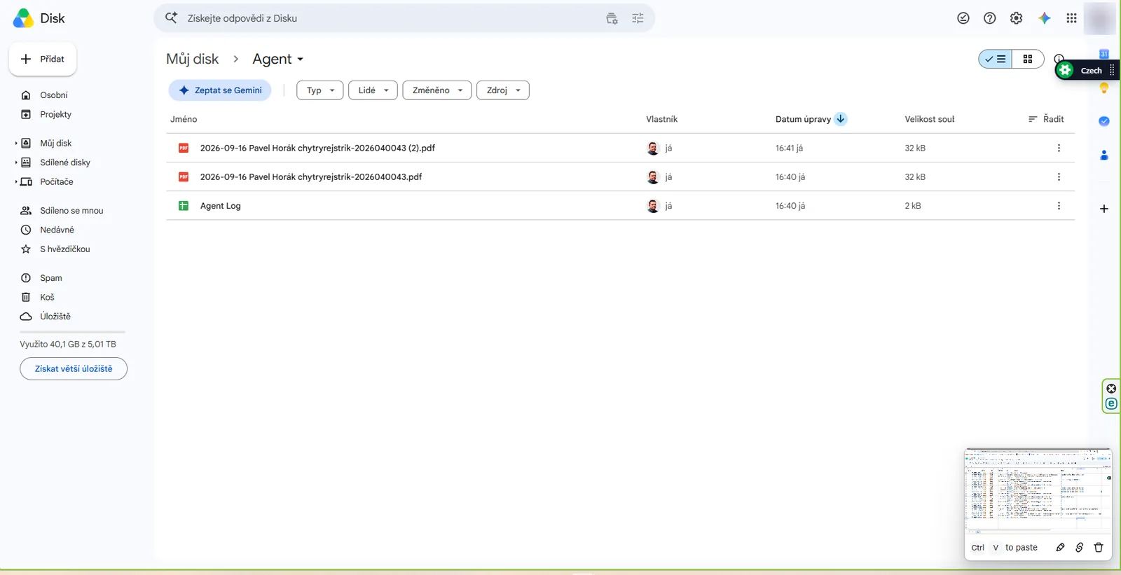Složka Agent na Disku Google se dvěma uloženými PDF a tabulkou Agent Log