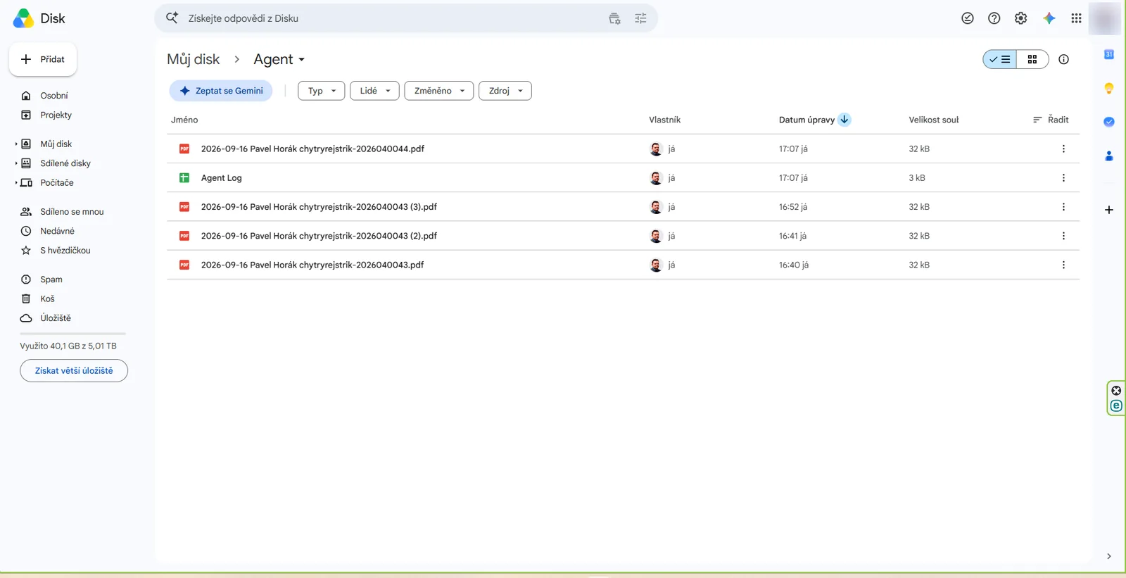 Složka Agent na Disku po bězích Automatu se čtyřmi PDF a tabulkou Agent Log