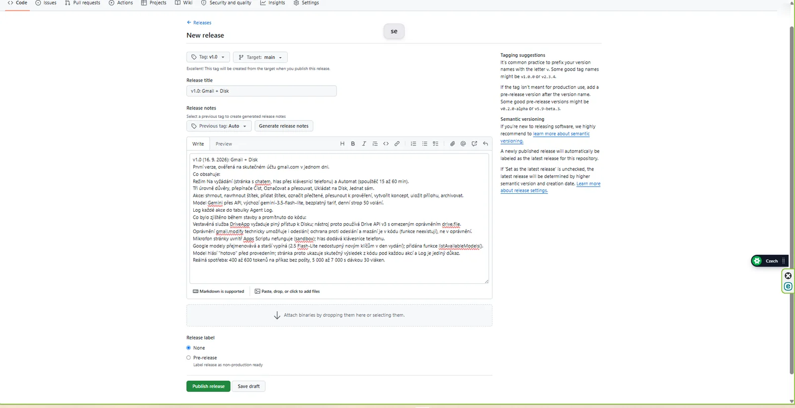 Formulář nového Release s tagem v1.0 a popisem z CHANGELOGu